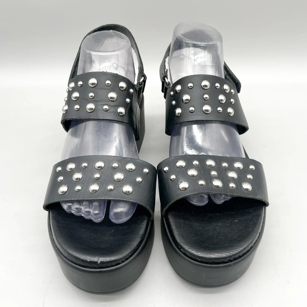 Steve Madden Womens 10 Flatform Sandals Black Leather Studded Edgy Punk 90s Y2K